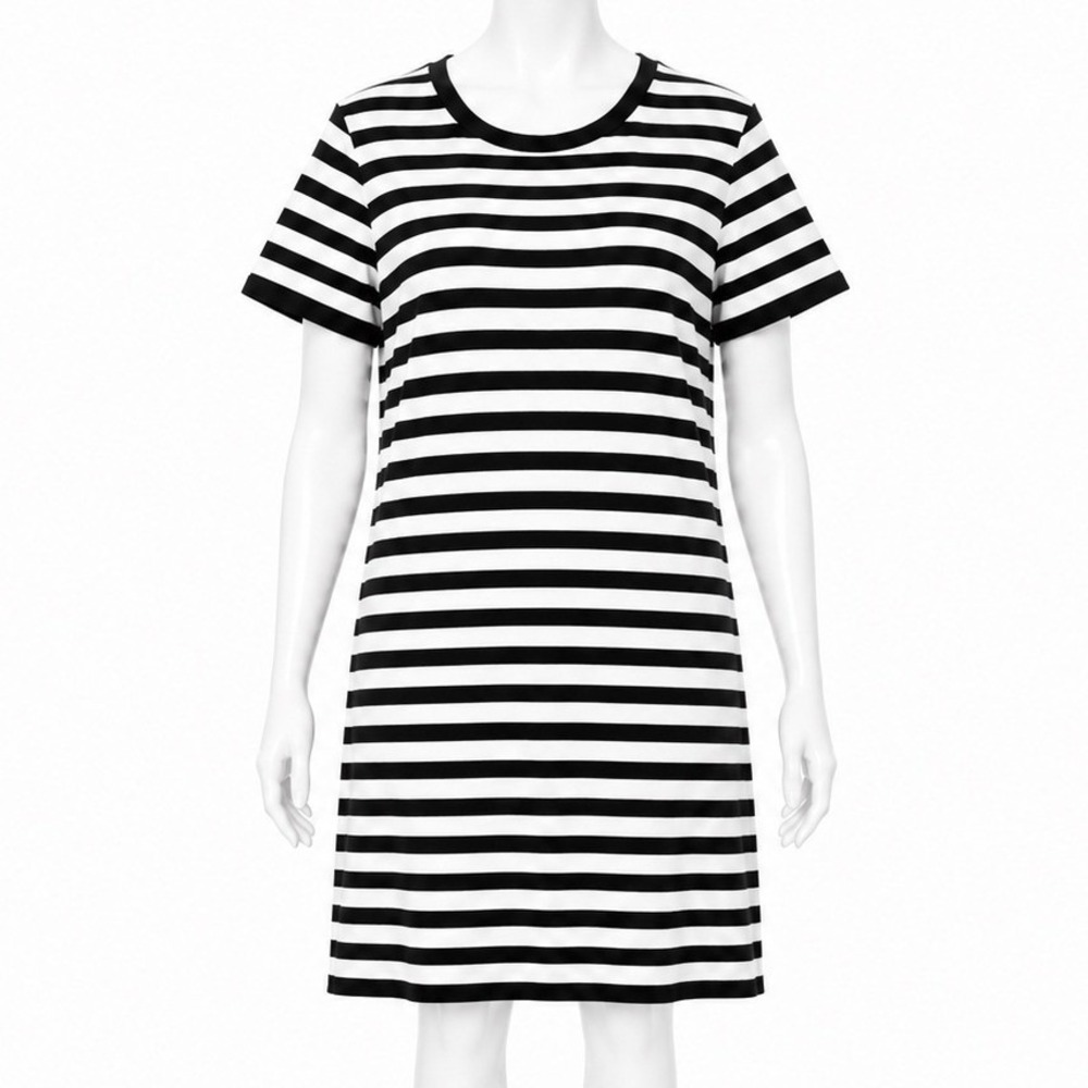 Michael Kors Knit Dress L Black White Breton Stripe Coastal Grandmother Nautical
